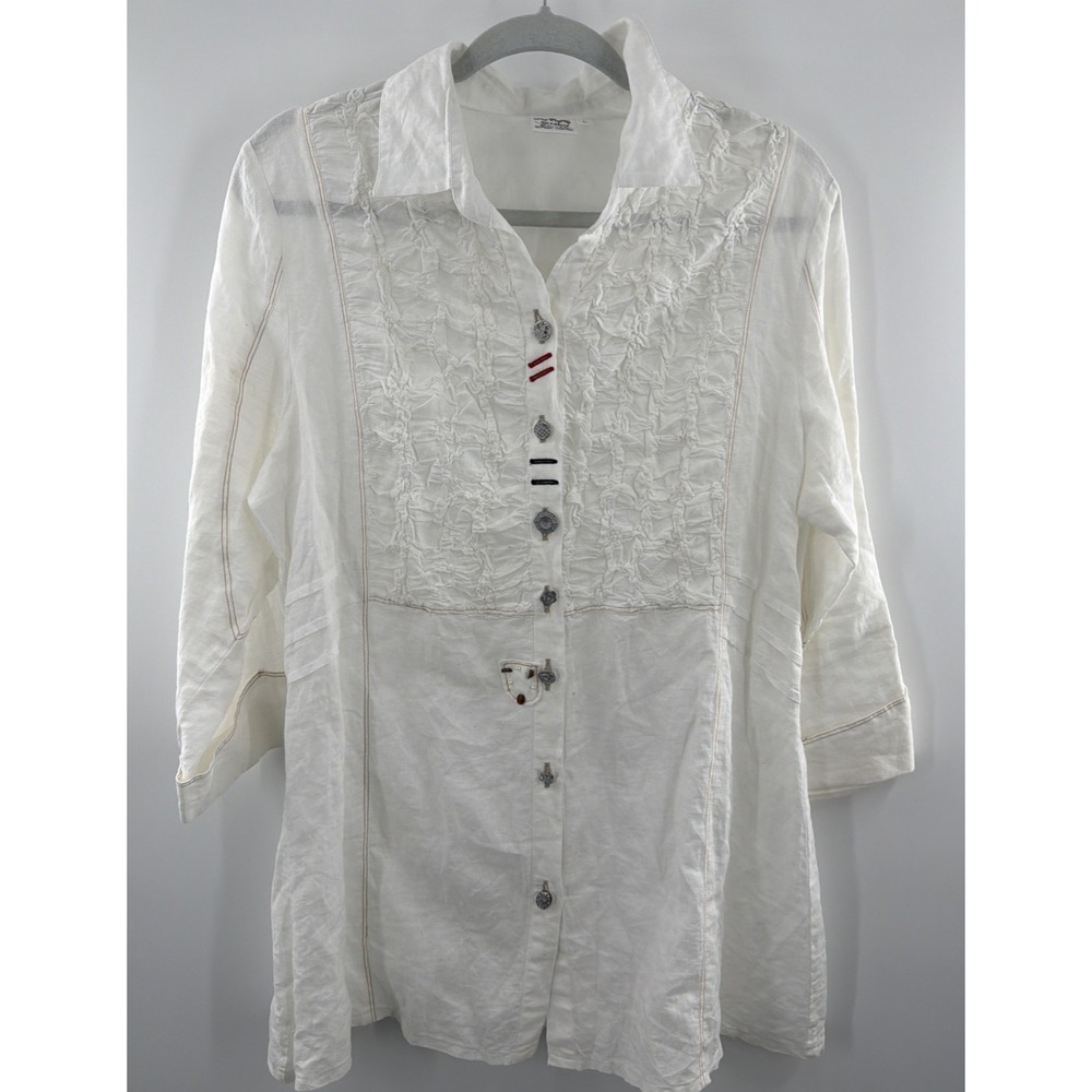 Parsley and Sage Linen Blend Button down‎ Tunic Boho Top White Embellished Sz L